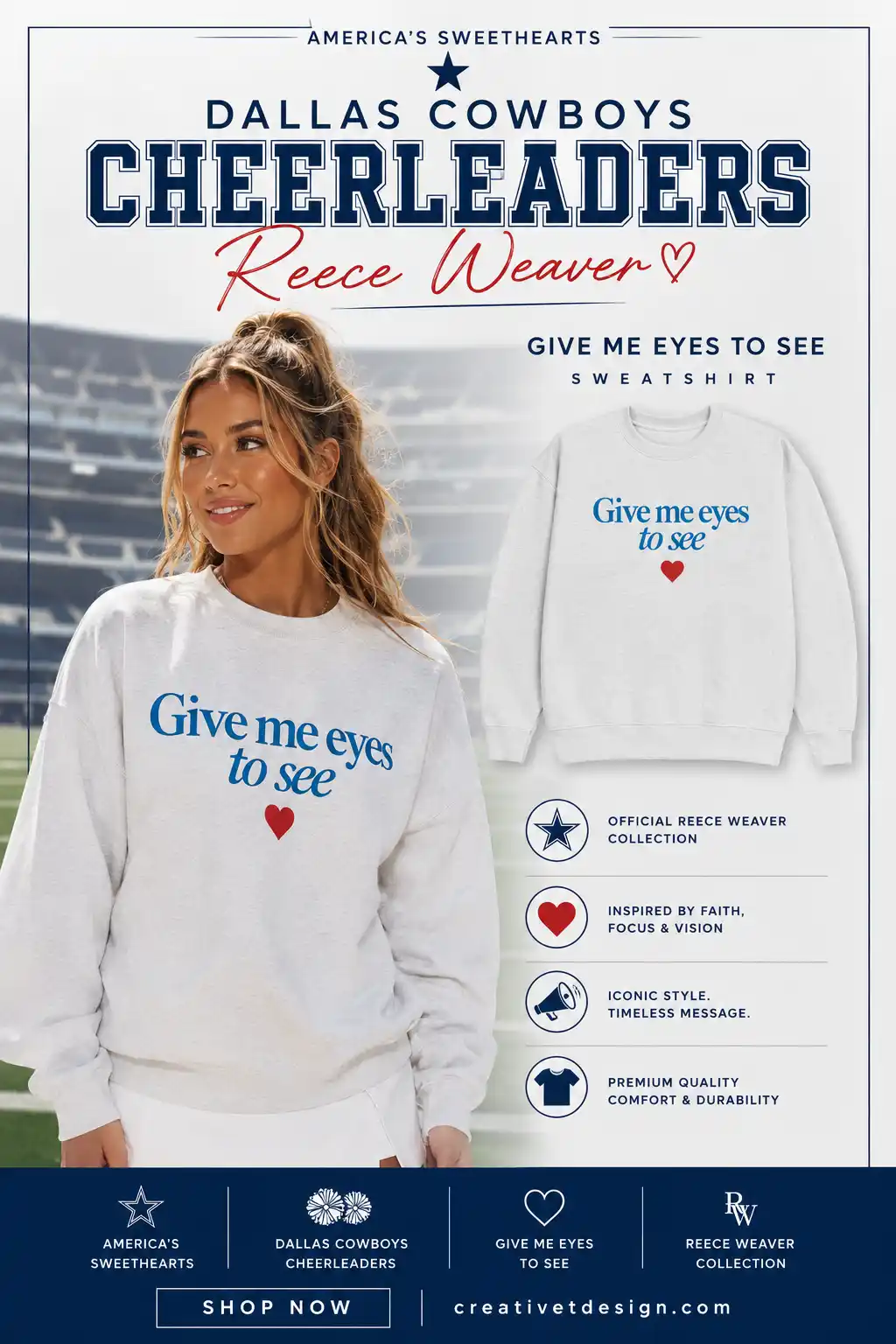 America's Sweethearts Dallas Cowboys Cheerleaders Reece Weaver Give Me Eyes to See Sweatshirt America's Sweethearts Dallas Cowboys Cheerleaders Reece Weaver Give Me Eyes to See Sweatshirt